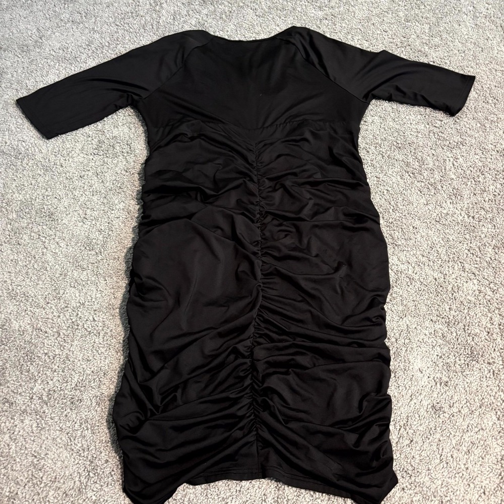 Poseshe Womens 3XL Black Ruched Bodycon Dress V Neck Stretch Midi Plus Size - Picture 9 of 9